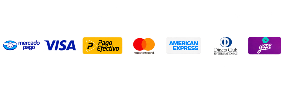 Medios de pago: Mercado Pago, Visa, PagoEfectivo, Mastercard, American Express, Diners Club y Yape